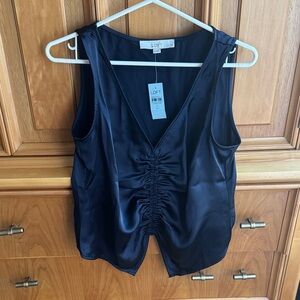 LOFT Black Satin V-Neck Ruched Sleeveless Top